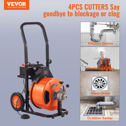 Drain Cleaning Machine Electric Drain Auger 75 FT x 1/2 In Auto Feed