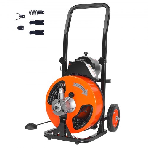 Drain Cleaning Machine 50 FT x 1/2 Inch, Sewer Auger Auto Feed with 4 Cutter & Air-activated Foot Switch for 1" to 4" Pipes, Orange, Black