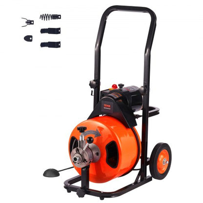 Drain Cleaner Machine 100 FT x 1/2 Inch, Sewer Auger Auto Feed with 4 Cutter & Air-activated Foot Switch for 1" to 4" Pipes, Orange, Black
