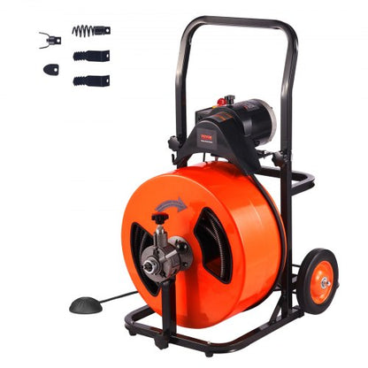 Drain Cleaning Machine 100FT x 3/4 Inch, Sewer Snake Machine Auto Feed, Drain Auger Cleaner with 4 Cutter & Air-Activated Foot Switch for 1" to 4" Pipes
