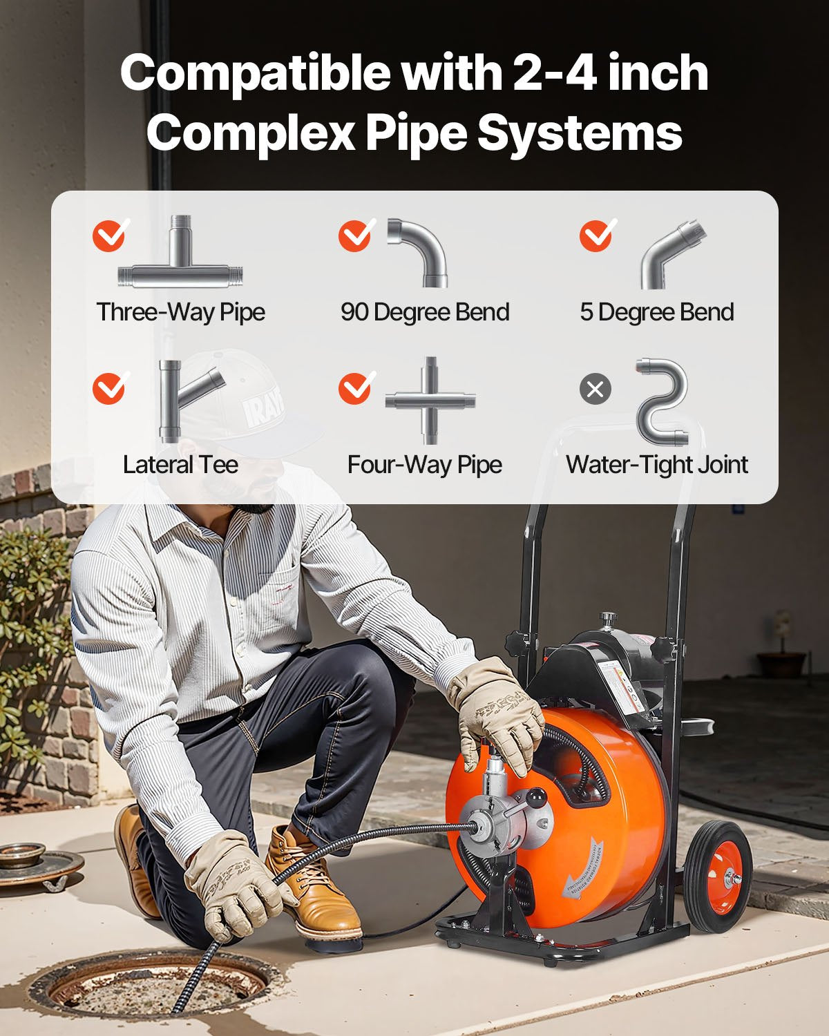 Drain Cleaning Machine 100FT x 3/8 Inch, Sewer Snake Machine Auto Feed, Drain Auger Cleaner with 4 Cutter & Air-Activated Foot Switch for 1" to 4" Pipes