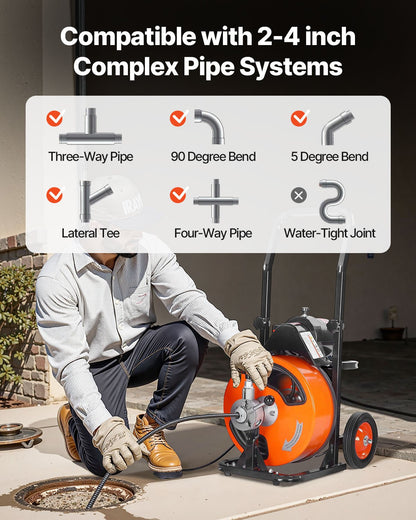 Drain Cleaning Machine 100FT x 3/8 Inch, Sewer Snake Machine Auto Feed, Drain Auger Cleaner with 4 Cutter & Air-Activated Foot Switch for 1" to 4" Pipes