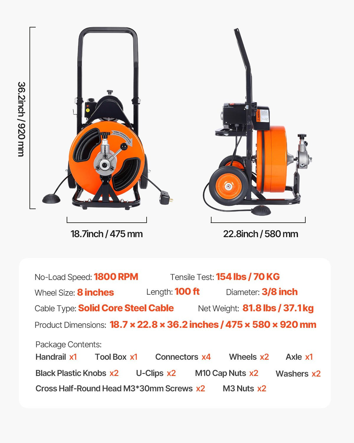 Drain Cleaning Machine 100FT x 3/8 Inch, Sewer Snake Machine Auto Feed, Drain Auger Cleaner with 4 Cutter & Air-Activated Foot Switch for 1" to 4" Pipes