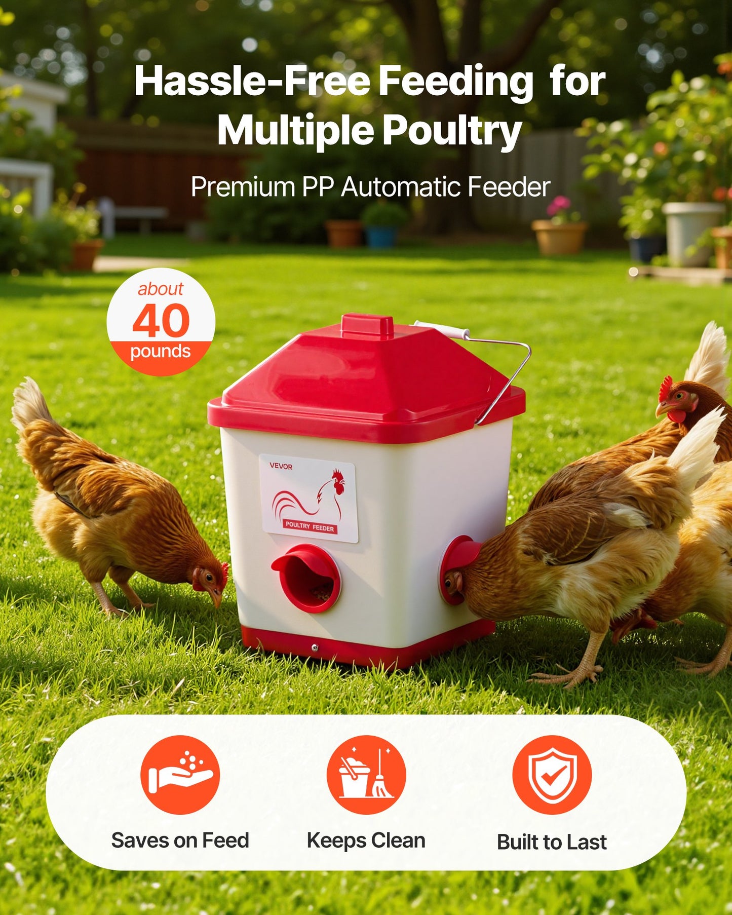 Automatic Chicken Feeder, 40 Pounds Capacity, Large Gravity Hanging Poultry Feeder Dispenser with Handle, No Waste Rainproof Design, 3 Feeding Ports, Inside or Outside Hen Coop, for Chickens