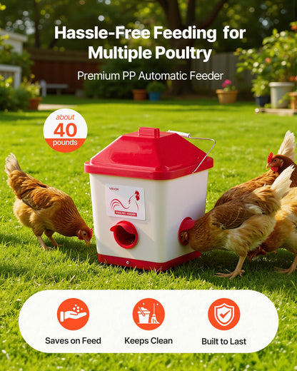 Automatic Chicken Feeder, 40 Pounds Capacity, Large Gravity Hanging Poultry Feeder Dispenser with Handle, No Waste Rainproof Design, 3 Feeding Ports, Inside or Outside Hen Coop, for Chickens