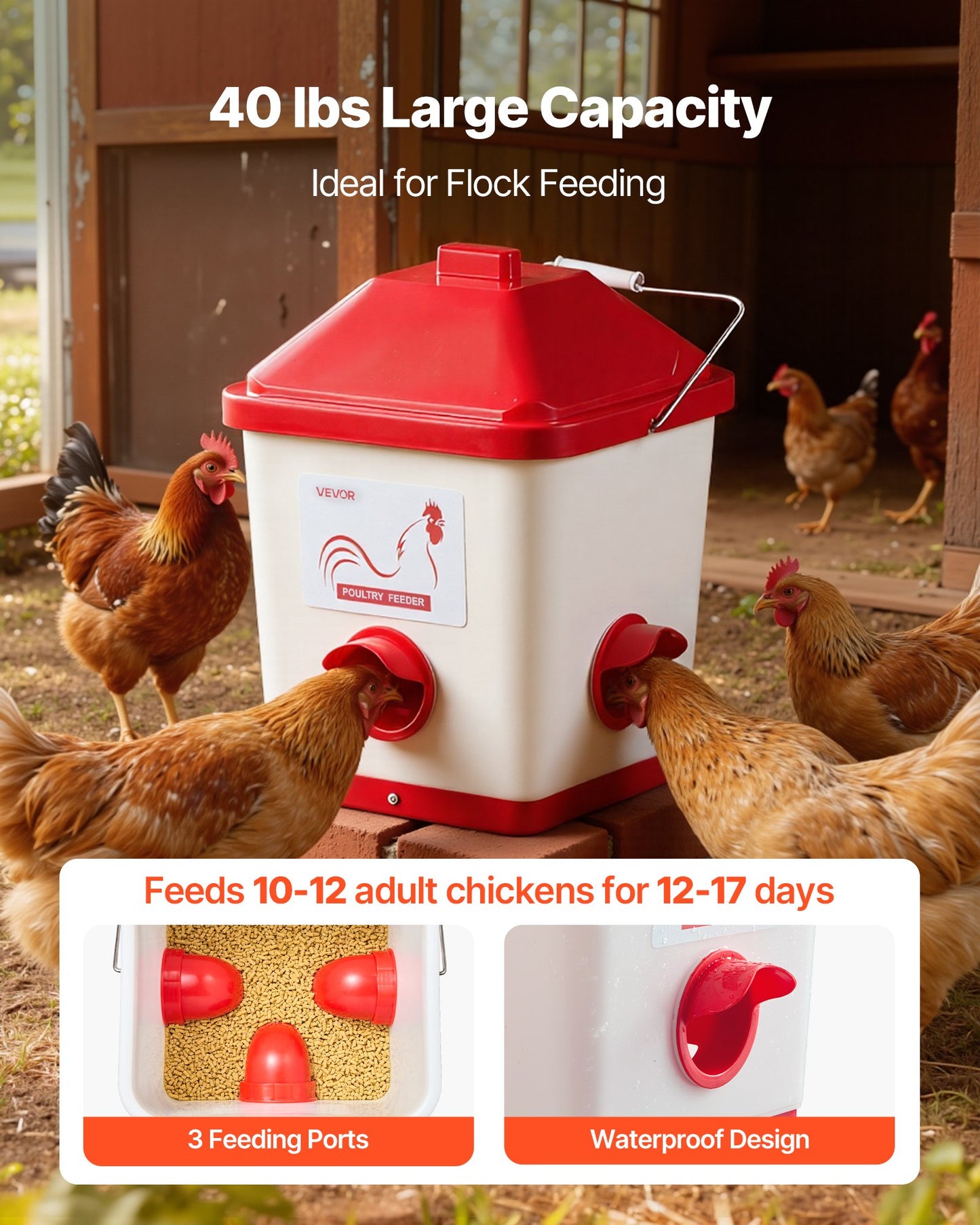 Automatic Chicken Feeder, 40 Pounds Capacity, Large Gravity Hanging Poultry Feeder Dispenser with Handle, No Waste Rainproof Design, 3 Feeding Ports, Inside or Outside Hen Coop, for Chickens