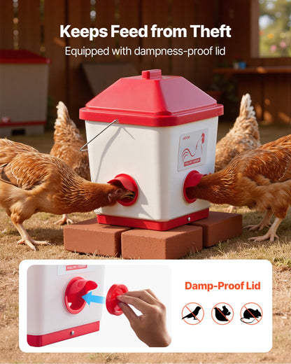 Automatic Chicken Feeder, 40 Pounds Capacity, Large Gravity Hanging Poultry Feeder Dispenser with Handle, No Waste Rainproof Design, 3 Feeding Ports, Inside or Outside Hen Coop, for Chickens