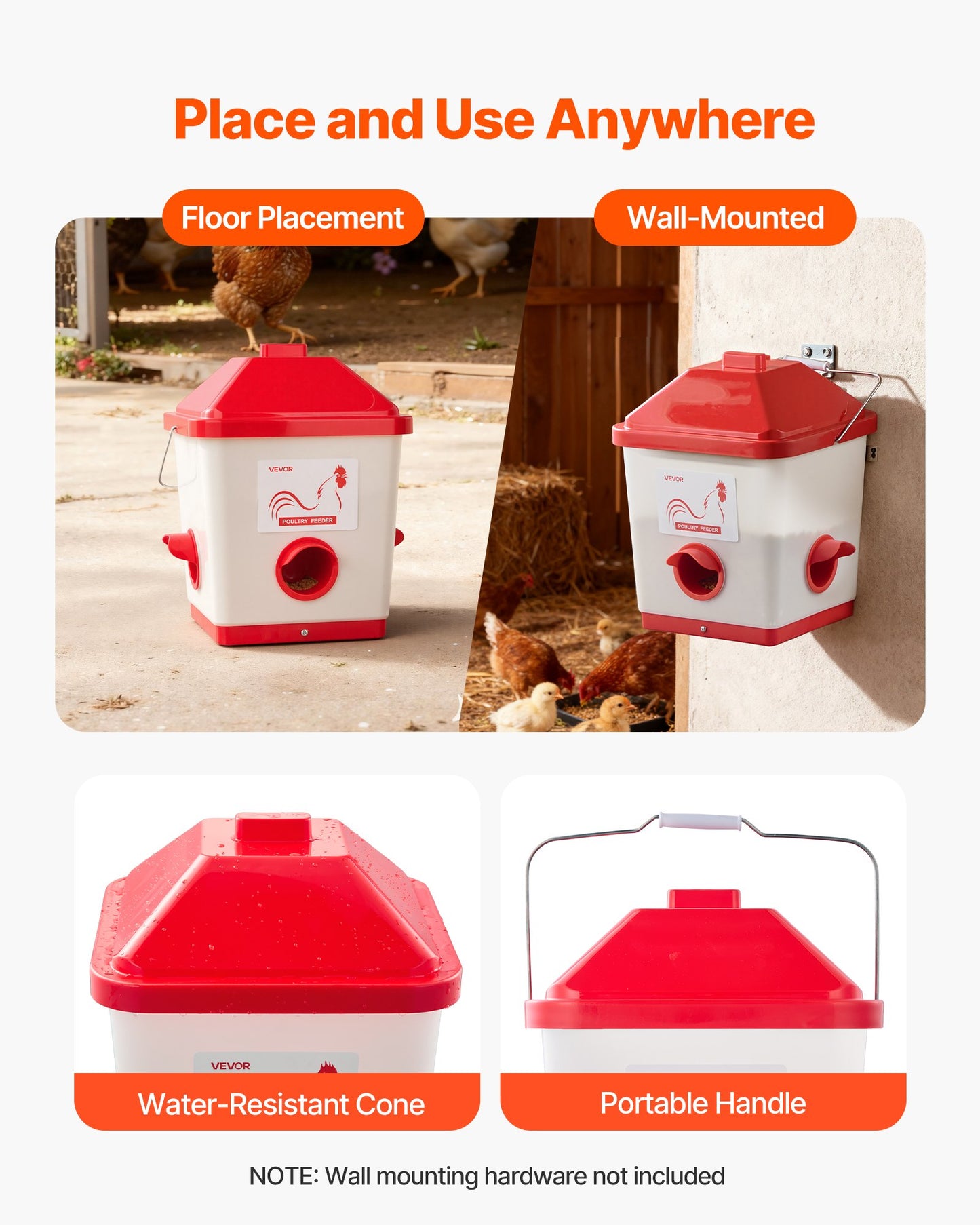 Automatic Chicken Feeder, 40 Pounds Capacity, Large Gravity Hanging Poultry Feeder Dispenser with Handle, No Waste Rainproof Design, 3 Feeding Ports, Inside or Outside Hen Coop, for Chickens