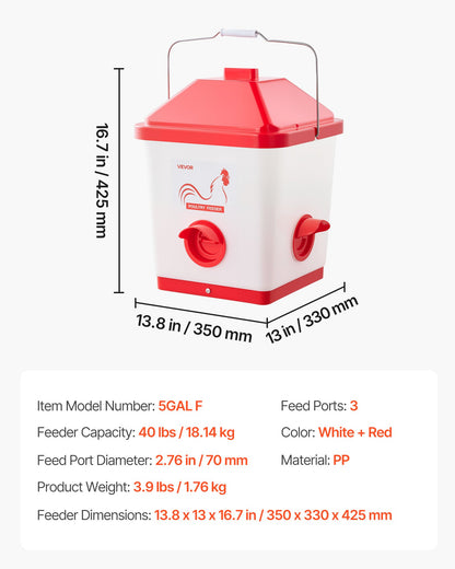 Automatic Chicken Feeder, 40 Pounds Capacity, Large Gravity Hanging Poultry Feeder Dispenser with Handle, No Waste Rainproof Design, 3 Feeding Ports, Inside or Outside Hen Coop, for Chickens