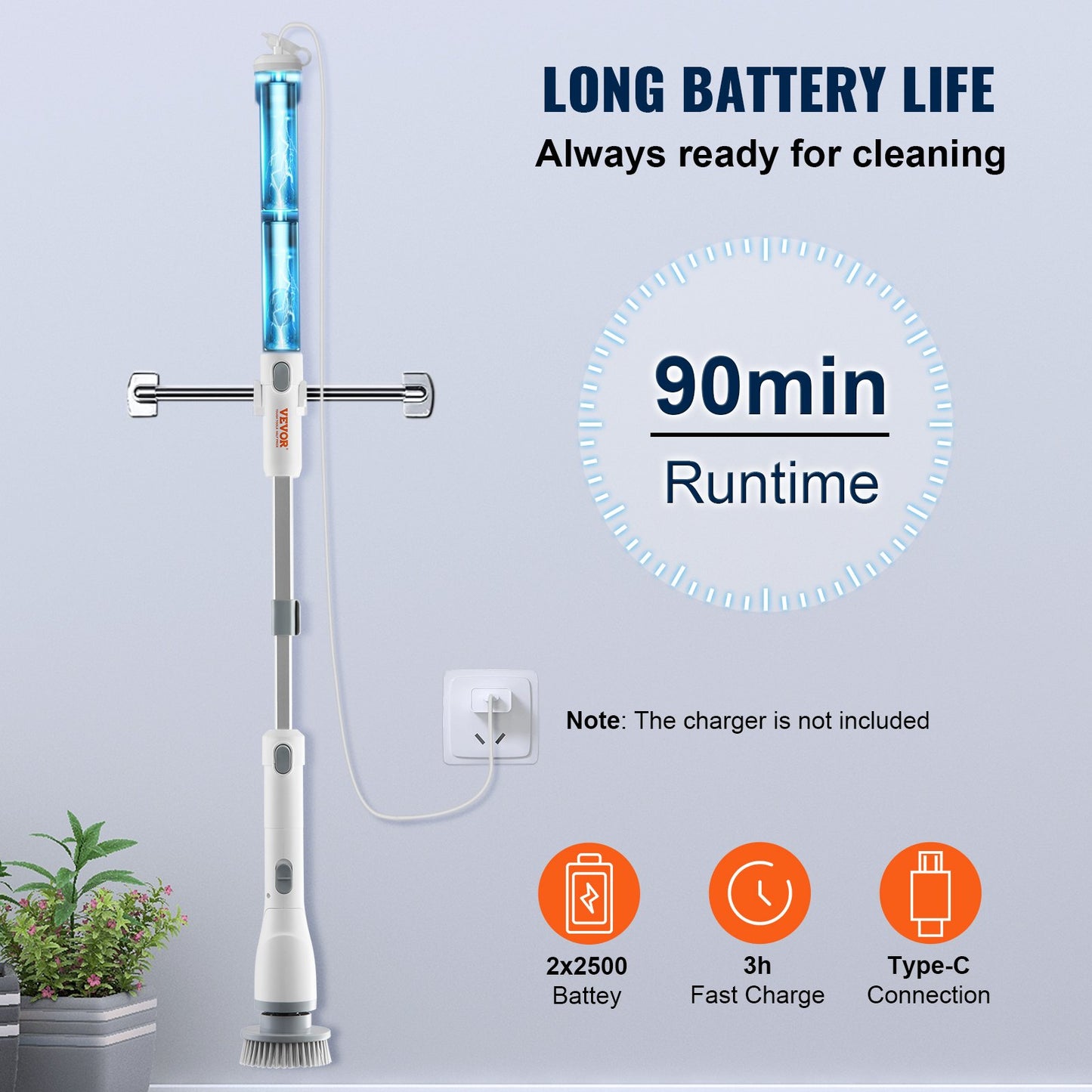 Elektrischer Spin Scrubber, kabellose Reinigungsbürste mit 2 einstellbaren Geschwindigkeiten und ausziehbarem langem Griff, 1,5-Stunden-Laufzeit-Power-Duschschrubber mit 4 austauschbaren Bürstenköpfen für Badezimmer, Badewanne, Fliesen