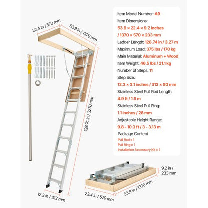 Dachbodenleiter 170 kg Tragkraft für Aluminiumdächer von 2,1 bis 3,2 m