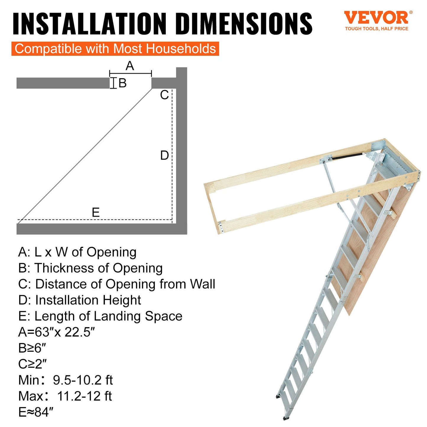 Attic Ladder Foldable, 350 Pound Capacity, 22.5" x 63", Multi-Function Aluminum Extension, Lightweight and Portable, Fits 9.5'-12' Ceiling Heights, Convenient Access to Your Attic Standard