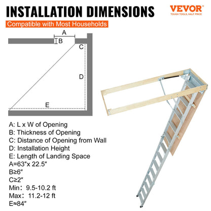 Attic Ladder Foldable, 350 Pound Capacity, 22.5" x 63", Multi-Function Aluminum Extension, Lightweight and Portable, Fits 9.5'-12' Ceiling Heights, Convenient Access to Your Attic Standard