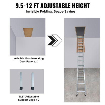 Attic Ladder Foldable, 350 Pound Capacity, 22.5" x 63", Multi-Function Aluminum Extension, Lightweight and Portable, Fits 9.5'-12' Ceiling Heights, Convenient Access to Your Attic Standard