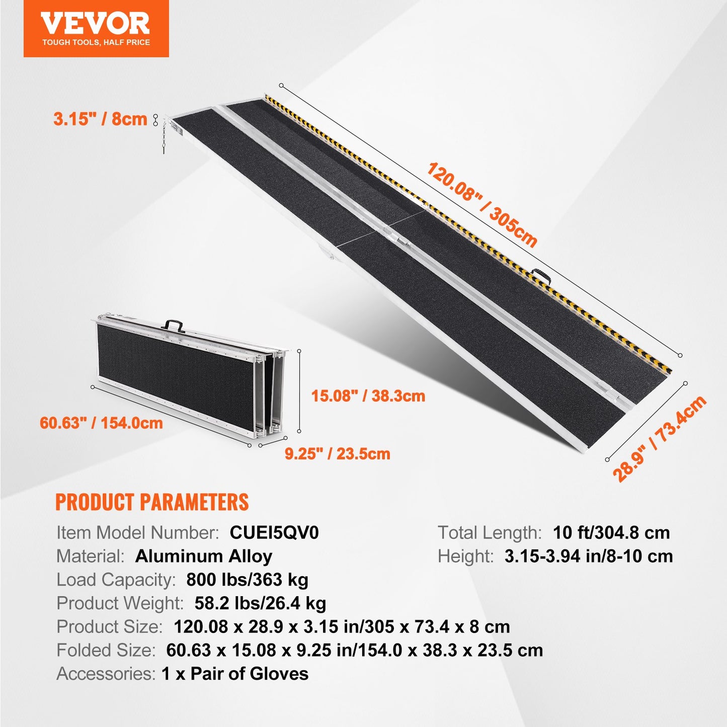 Portable Wheelchair Ramp, 10 ft 800 lbs Capacity, Non-Slip Aluminum Folding Threshold Ramp, Foldable Mobility Scooter Ramp Wheel Chair Ramp, Handicap Ramp for Home Steps, Stairs, Doorways, Curbs