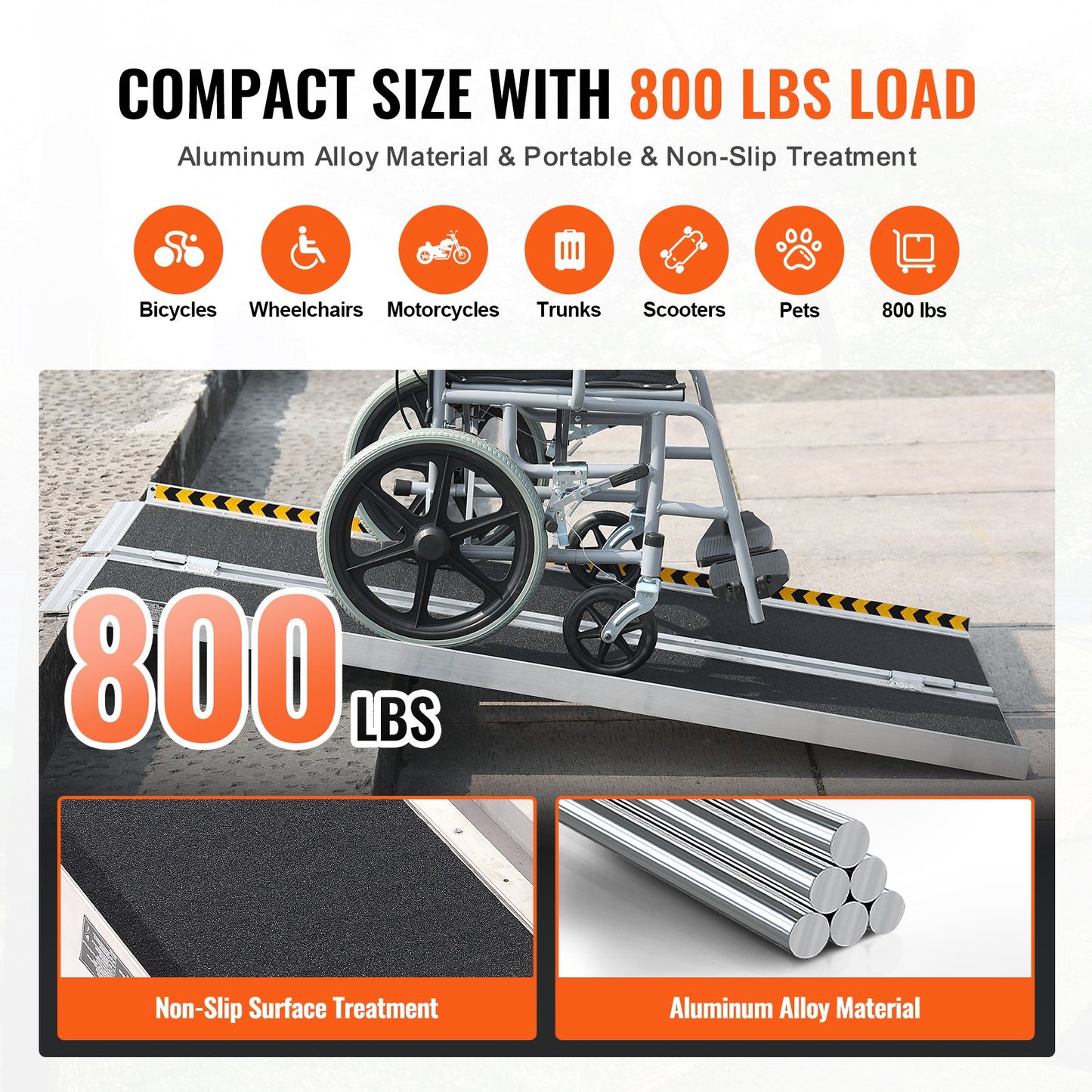 Tragbare Rollstuhlrampe, 1,52 m, 363 kg Tragkraft, rutschfeste, klappbare Schwellenrampe aus Aluminium, faltbare Rampe für Mobilitätsroller, Rollstuhlrampe, Behindertenrampe für Haustreppen, Treppen, Türen, Bordsteine