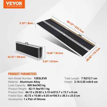 Portable Wheelchair Ramp, 7 ft 800 lbs Capacity, Non-Slip Aluminum Folding Threshold Ramp, Foldable Mobility Scooter Ramp Wheelchair Ramp, Handicap Ramp for Home Stairs, Stairs, Doorways, Curbs