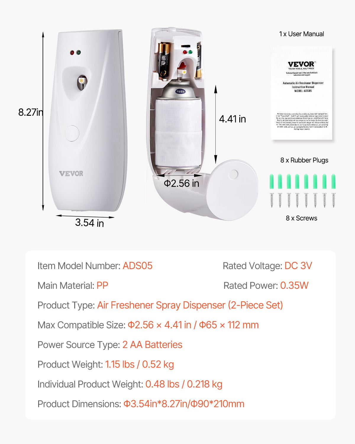 Automatic Air Freshener Spray Dispenser, 4-Pack, Wall Mounted or Free Standing, Battery Operated, Multiple Time Settings for Home, Indoor, Bathrooms, Offices, Hotels, Commercial Places, White