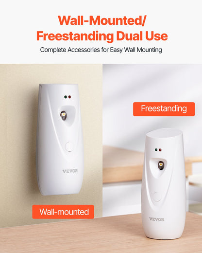 Automatic Air Freshener Spray Dispenser, 2-Pack, Wall Mounted or Free Standing, Battery Operated, Multiple Time Settings for Home, Indoor, Bathrooms, Offices, Hotels, Commercial Places, White