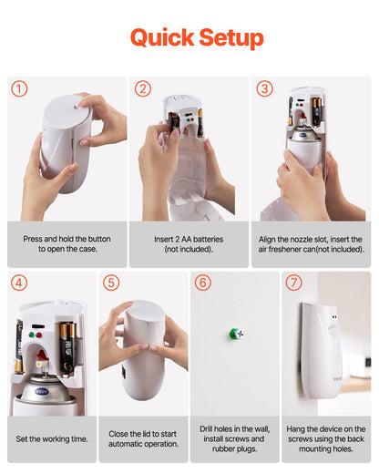 Automatic Air Freshener Spray Dispenser, 2-Pack, Wall Mounted or Free Standing, Battery Operated, Multiple Time Settings for Home, Indoor, Bathrooms, Offices, Hotels, Commercial Places, White