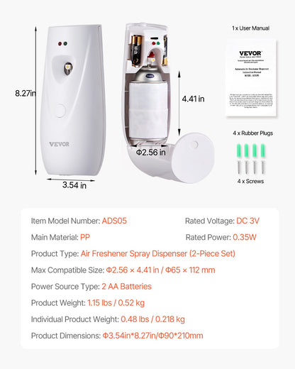 Automatic Air Freshener Spray Dispenser, 2-Pack, Wall Mounted or Free Standing, Battery Operated, Multiple Time Settings for Home, Indoor, Bathrooms, Offices, Hotels, Commercial Places, White