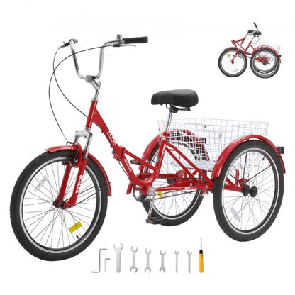Folding Adult Tricycle, 24-Inch Adult Folding Trikes, Carbon Steel 3 Wheel Cruiser Bike with Large Basket & Adjustable Seat, Shopping Picnic Foldable Tricycles for Women, Men, Seniors (Red)