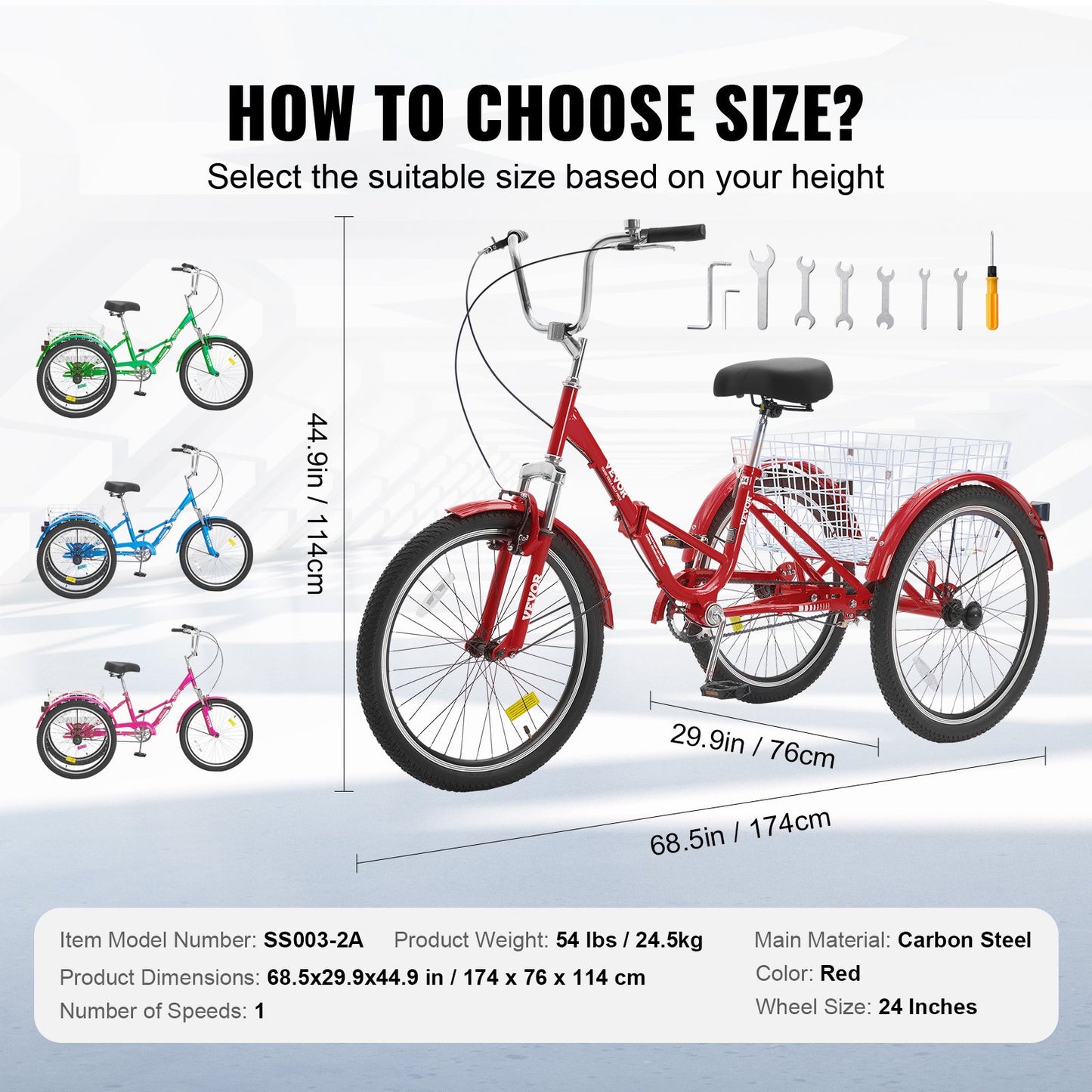 Folding Adult Tricycle, 24-Inch Adult Folding Trikes, Carbon Steel 3 Wheel Cruiser Bike with Large Basket & Adjustable Seat, Shopping Picnic Foldable Tricycles for Women, Men, Seniors (Red)