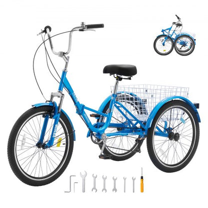 Folding Adult Tricycle, 24-Inch 7-Speed Adult Folding Trikes, Carbon Steel 3 Wheel Cruiser Bike with Basket & Adjustable Seat, Shopping Picnic Foldable Tricycles for Women, Men, Seniors (Blue)