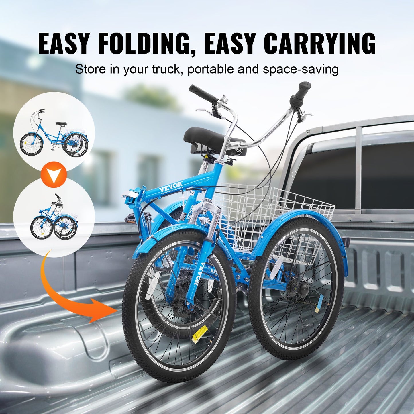 Folding Adult Tricycle, 24-Inch 7-Speed Adult Folding Trikes, Carbon Steel 3 Wheel Cruiser Bike with Basket & Adjustable Seat, Shopping Picnic Foldable Tricycles for Women, Men, Seniors (Blue)