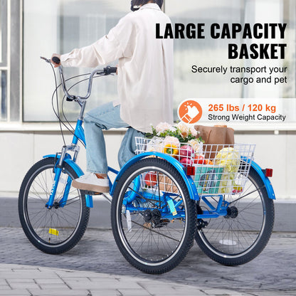 Folding Adult Tricycle, 24-Inch 7-Speed Adult Folding Trikes, Carbon Steel 3 Wheel Cruiser Bike with Basket & Adjustable Seat, Shopping Picnic Foldable Tricycles for Women, Men, Seniors (Blue)