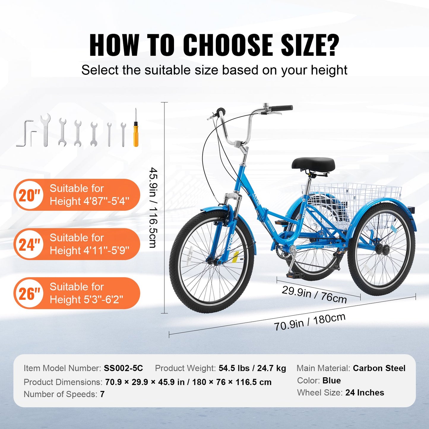 Folding Adult Tricycle, 24-Inch 7-Speed Adult Folding Trikes, Carbon Steel 3 Wheel Cruiser Bike with Basket & Adjustable Seat, Shopping Picnic Foldable Tricycles for Women, Men, Seniors (Blue)