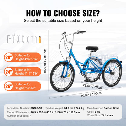 Folding Adult Tricycle, 24-Inch 7-Speed Adult Folding Trikes, Carbon Steel 3 Wheel Cruiser Bike with Basket & Adjustable Seat, Shopping Picnic Foldable Tricycles for Women, Men, Seniors (Blue)