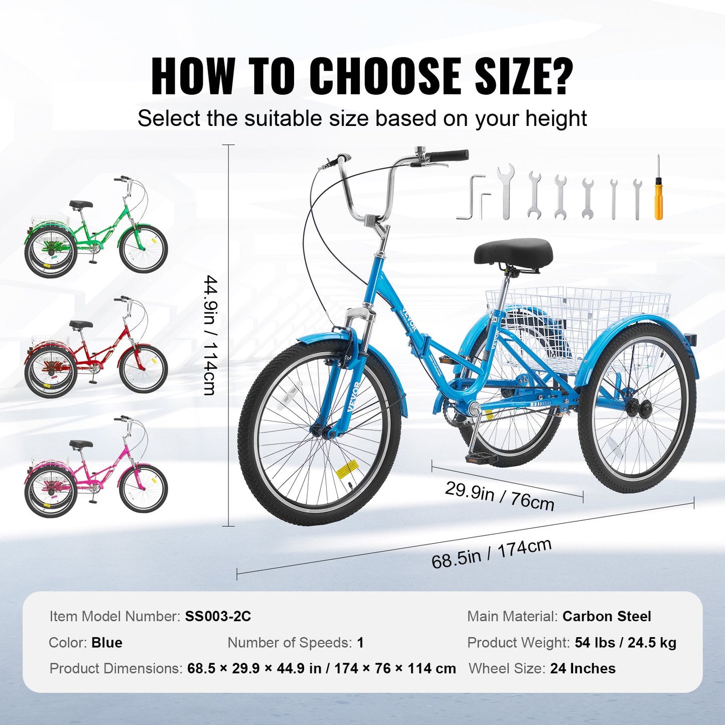 Folding Adult Tricycle, 24-Inch Adult Folding Trikes, Carbon Steel 3 Wheel Cruiser Bike with Large Basket & Adjustable Seat, Shopping Picnic Foldable Tricycles for Women, Men, Seniors (Blue)