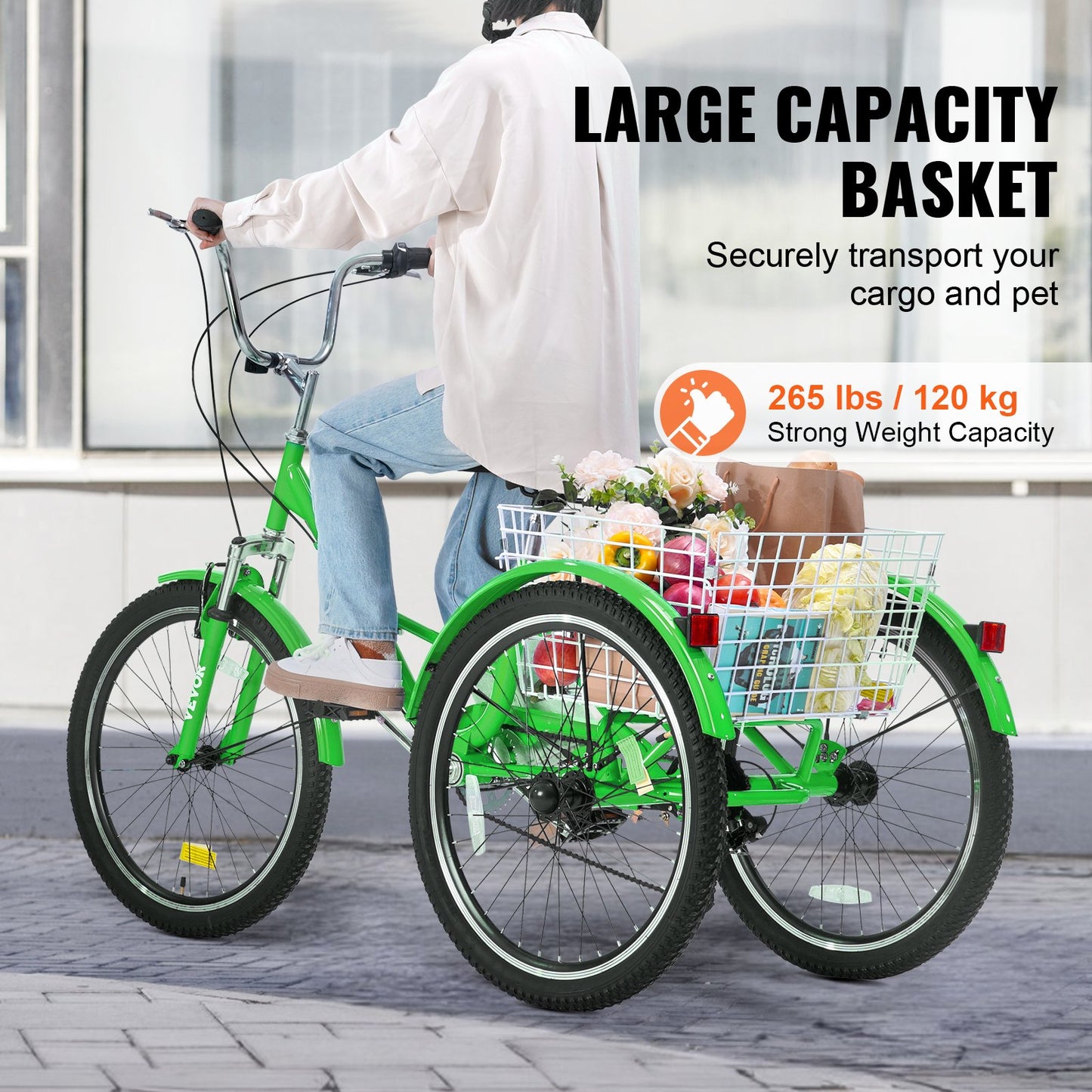 Folding Adult Tricycle, 24-Inch 7-Speed Adult Folding Trikes, Carbon Steel 3 Wheel Cruiser Bike with Basket & Adjustable Seat, Shopping Picnic Foldable Tricycles for Women, Men, Seniors (Green)