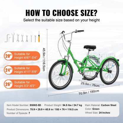 Folding Adult Tricycle, 24-Inch 7-Speed Adult Folding Trikes, Carbon Steel 3 Wheel Cruiser Bike with Basket & Adjustable Seat, Shopping Picnic Foldable Tricycles for Women, Men, Seniors (Green)