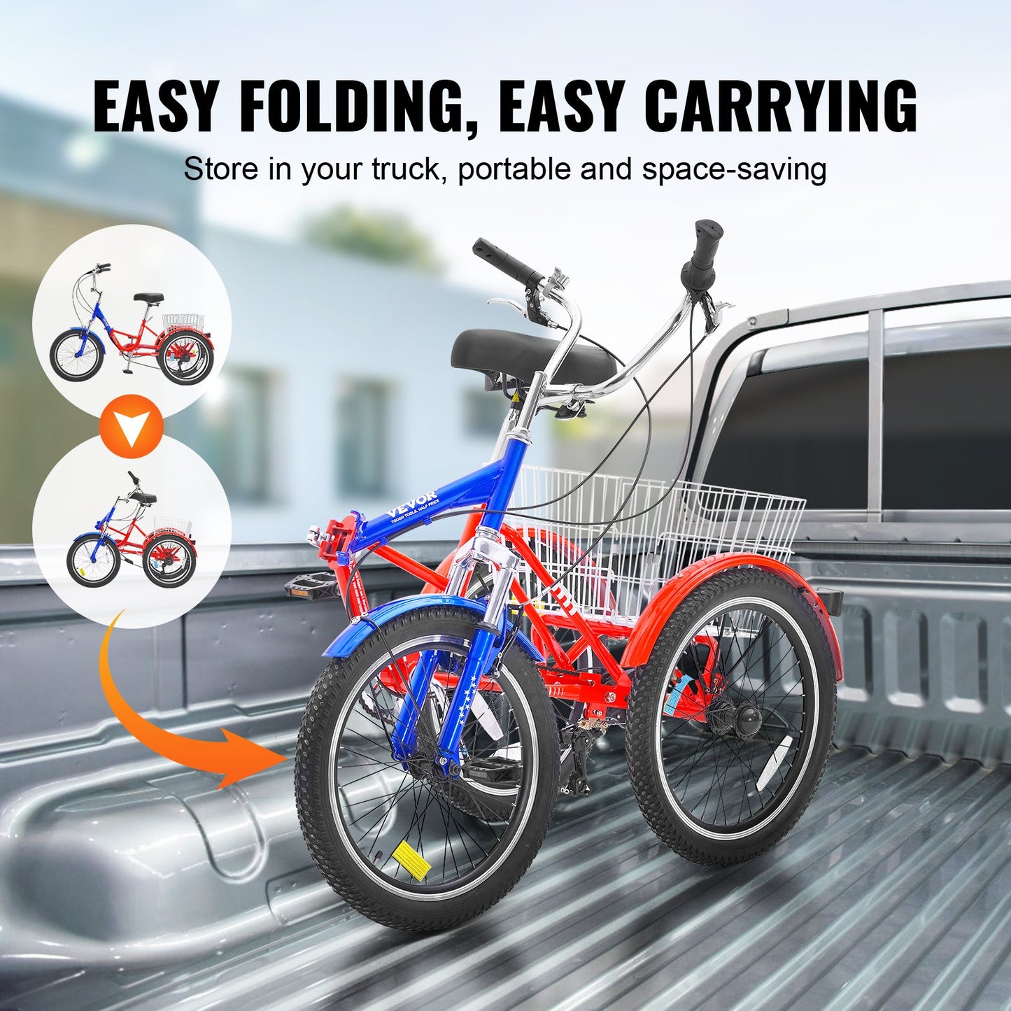Folding Adult Tricycle, 20-Inch 7-Speed Adult Folding Trikes, Carbon Steel 3 Wheel Cruiser Bike with Large Basket & Adjustable Seat, Shopping Picnic Foldable Tricycles for Women, Men, Seniors