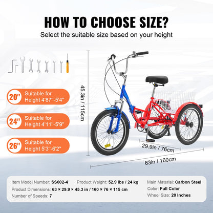 Folding Adult Tricycle, 20-Inch 7-Speed Adult Folding Trikes, Carbon Steel 3 Wheel Cruiser Bike with Large Basket & Adjustable Seat, Shopping Picnic Foldable Tricycles for Women, Men, Seniors