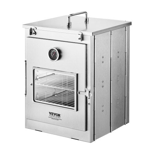 Foldable Camping Oven, Stainless Steel Portable Camping Stove, with 3 Tier Grill, Handle and Thermometer, Use with Wood Burning Fire, Propane Stoves, for Baking Bread, Pizza, Outdoor Cooking