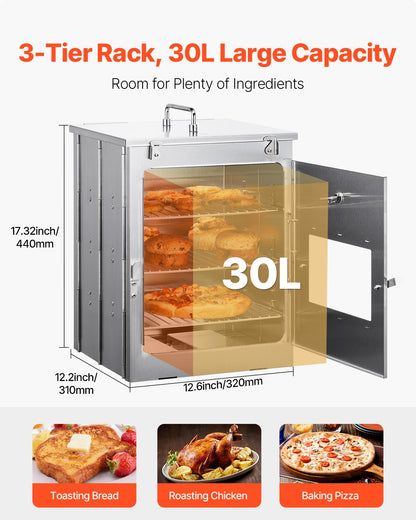 Foldable Camping Oven, Stainless Steel Portable Camping Stove, with 3 Tier Grill, Handle and Thermometer, Use with Wood Burning Fire, Propane Stoves, for Baking Bread, Pizza, Outdoor Cooking
