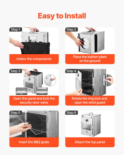 Foldable Camping Oven, Stainless Steel Portable Camping Stove, with 3 Tier Grill, Handle and Thermometer, Use with Wood Burning Fire, Propane Stoves, for Baking Bread, Pizza, Outdoor Cooking