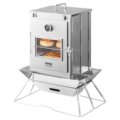Foldable Camping Oven, Stainless Steel Portable Camping Stove, with 3 Tier Grill, Handle and Thermometer, Use with Wood Burning Fire, Propane Stoves, for Baking Bread, Pizza, Outdoor Cooking