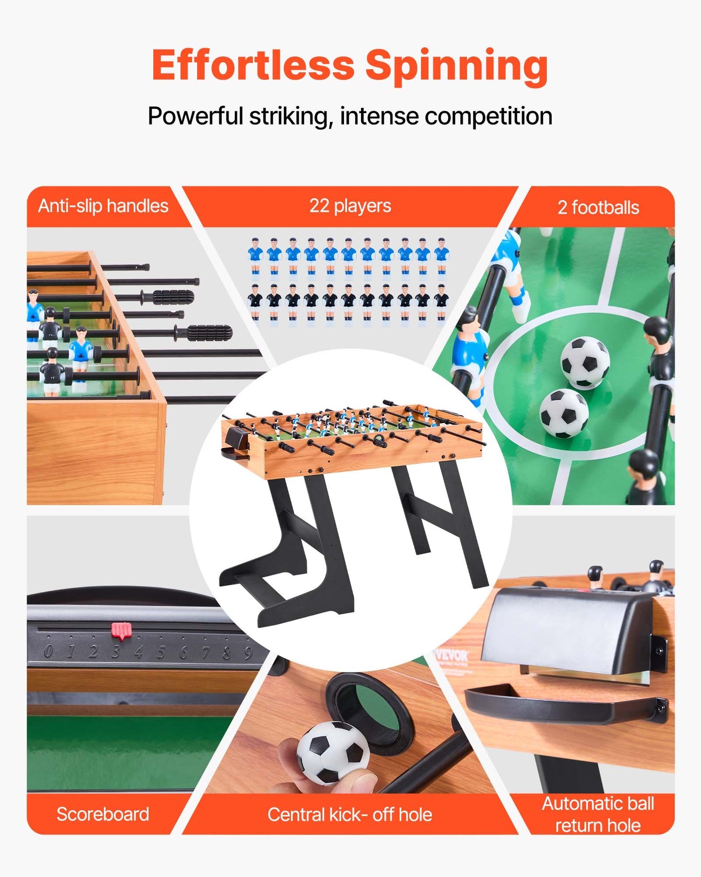 Folding Foosball Table, 42 inch Standard Size Table, Indoor Full Size Foosball Tables for Home, Family, and Game Room, Durable Soccer Set, Includes 2 Balls