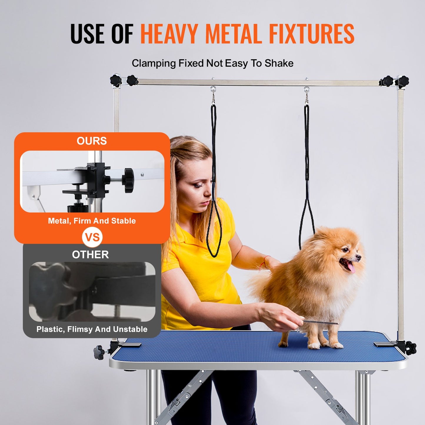 Pet Grooming Table Two Arms with Clamp, 915 x 610 mm Dog Grooming Station, Foldable Pet Grooming Stand for Medium and Small Dogs, Free Two No Sit Hanging Holders with Grooming Loop, Bearing 150 kg