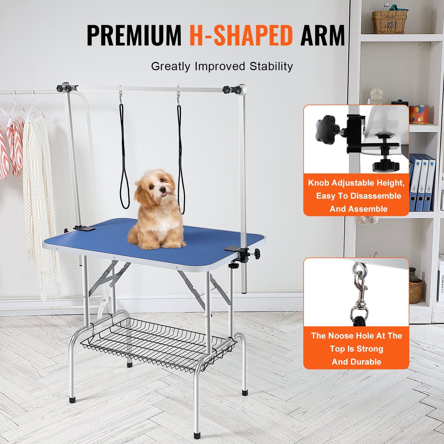 Pet Grooming Table Two Arms with Clamp, 915 x 610 mm Dog Grooming Station, Foldable Pet Grooming Stand for Medium and Small Dogs, Free Two No Sit Hanging Holders with Grooming Loop, Bearing 150 kg