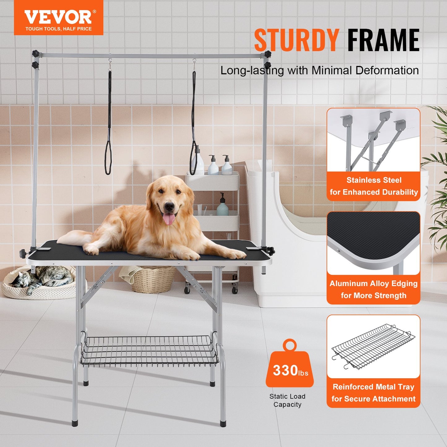 Pet Grooming Table Two Arms with Clamp, 117cm Dog Grooming Station, Foldable Pet Trimming Stand for Medium and Small Dogs, Free Two No Sit Bite Holders with Grooming Loop, Bearing 149.7kg