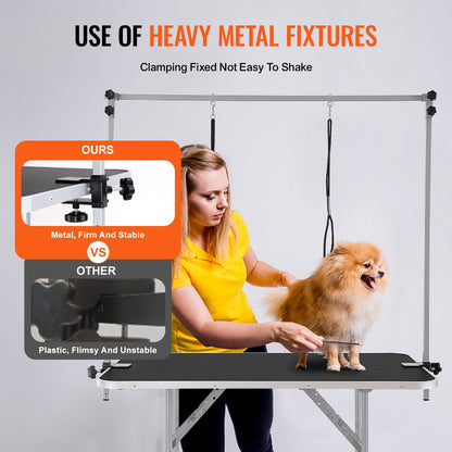 Pet Grooming Table Two Arms with Clamp, 117cm Dog Grooming Station, Foldable Pet Trimming Stand for Medium and Small Dogs, Free Two No Sit Bite Holders with Grooming Loop, Bearing 149.7kg