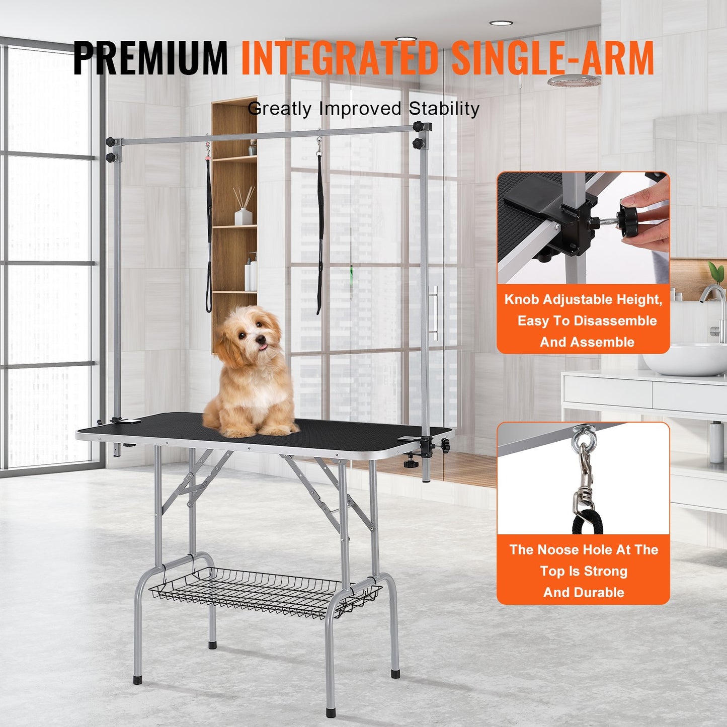 Pet Grooming Table Two Arms with Clamp, 117cm Dog Grooming Station, Foldable Pet Trimming Stand for Medium and Small Dogs, Free Two No Sit Bite Holders with Grooming Loop, Bearing 149.7kg