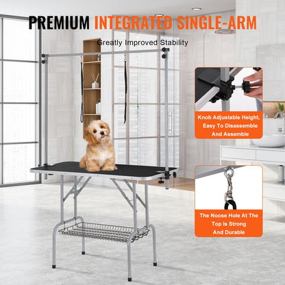 Pet Grooming Table Two Arms with Clamp, 117cm Dog Grooming Station, Foldable Pet Trimming Stand for Medium and Small Dogs, Free Two No Sit Bite Holders with Grooming Loop, Bearing 149.7kg