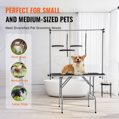 Pet Grooming Table Two Arms with Clamp, 117cm Dog Grooming Station, Foldable Pet Trimming Stand for Medium and Small Dogs, Free Two No Sit Bite Holders with Grooming Loop, Bearing 149.7kg