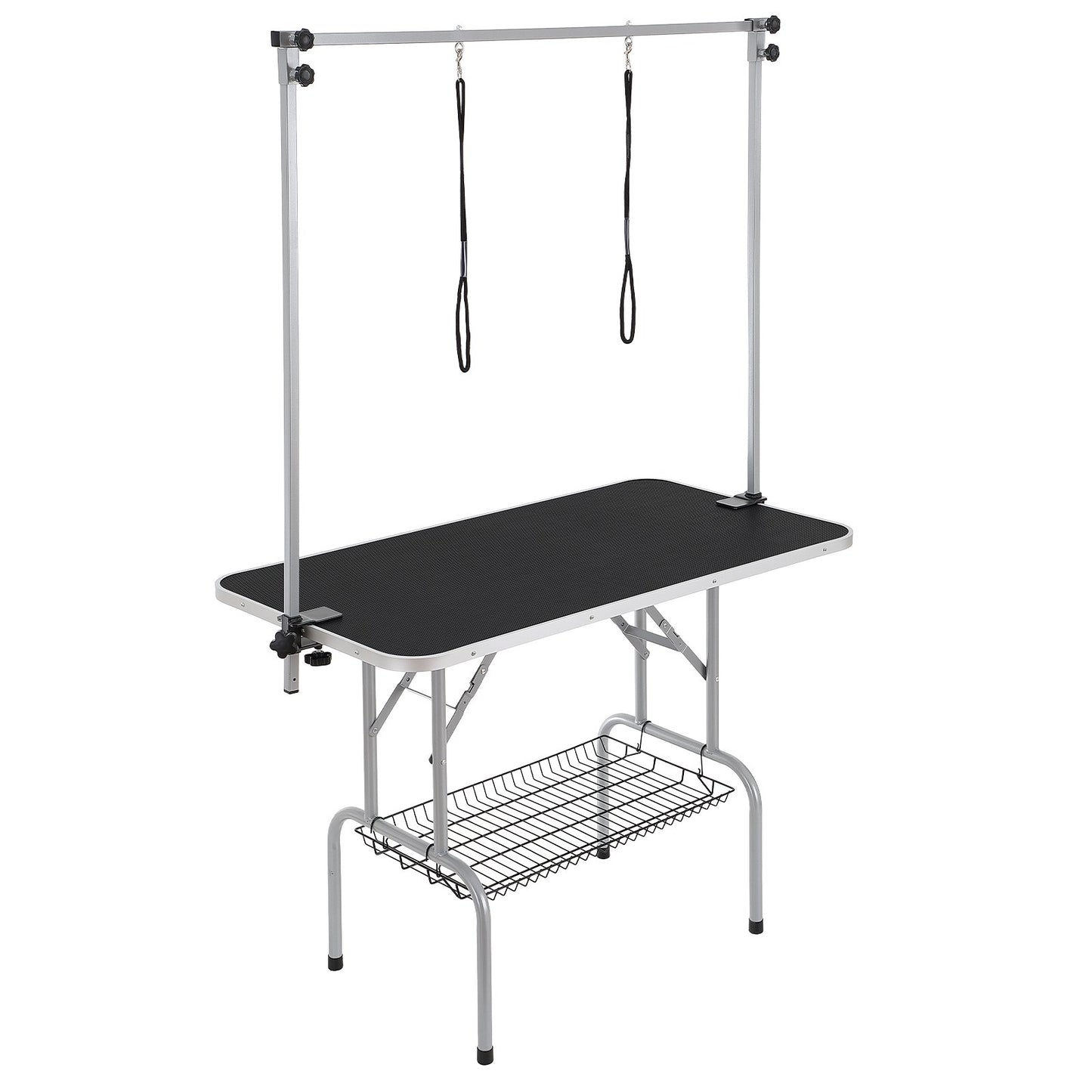 Pet Grooming Table Two Arms with Clamp, 117cm Dog Grooming Station, Foldable Pet Trimming Stand for Medium and Small Dogs, Free Two No Sit Bite Holders with Grooming Loop, Bearing 149.7kg